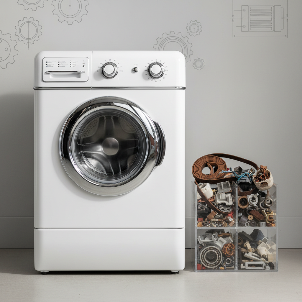 A rehabilitated, vintage-looking white enamel washing machine beautifully restored, standing in a minimalist studio space beside a transparent acrylic bin filled with neatly organized salvaged parts—old belts, worn bearings, cracked plastic housings—now carefully cleaned and sorted. The washing machine’s freshly polished enamel and retro chrome dials subtly reflect soft, diffused daylight from a large unseen window, creating a gentle glow on its surface. The background is an uncluttered light gray wall with a faint blueprint-style diagram of appliance components as wall art. Shot straight-on at eye level with a moderate depth of field, everything is clearly visible but the machine remains the hero. The photographic realism and clean, professional mood emphasize the narrative of transforming discarded appliances into functional treasures through disciplined repair skills.
