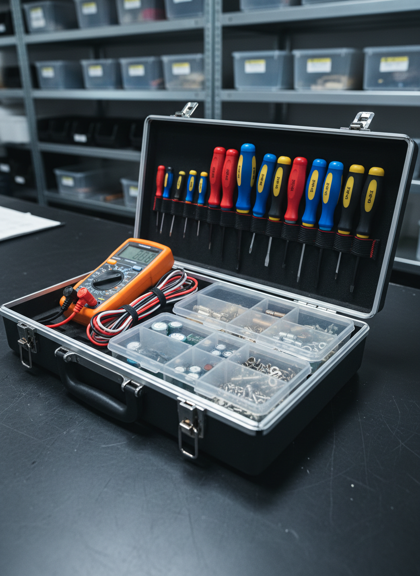 A close-up of an open toolbox dedicated to appliance repair, featuring precision screwdrivers with colored rubber grips, a digital multimeter with its screen glowing faintly, neatly coiled insulated wires, and small compartmentalized trays filled with salvaged capacitors, fuses, and screws. The toolbox rests on a smooth, matte black work surface speckled with faint scuff marks from use. Overhead cool-white LED workshop lights create clean, even illumination with soft reflections on metal tips and plastic casings, emphasizing clarity and order. Shot from a slightly elevated angle with shallow depth of field, the foreground tools are in crisp focus while the background gently blurs into shelves of labeled bins. The mood is focused and professional, with photographic realism and a clean, modern aesthetic that communicates readiness to transform broken appliances into functional treasures.