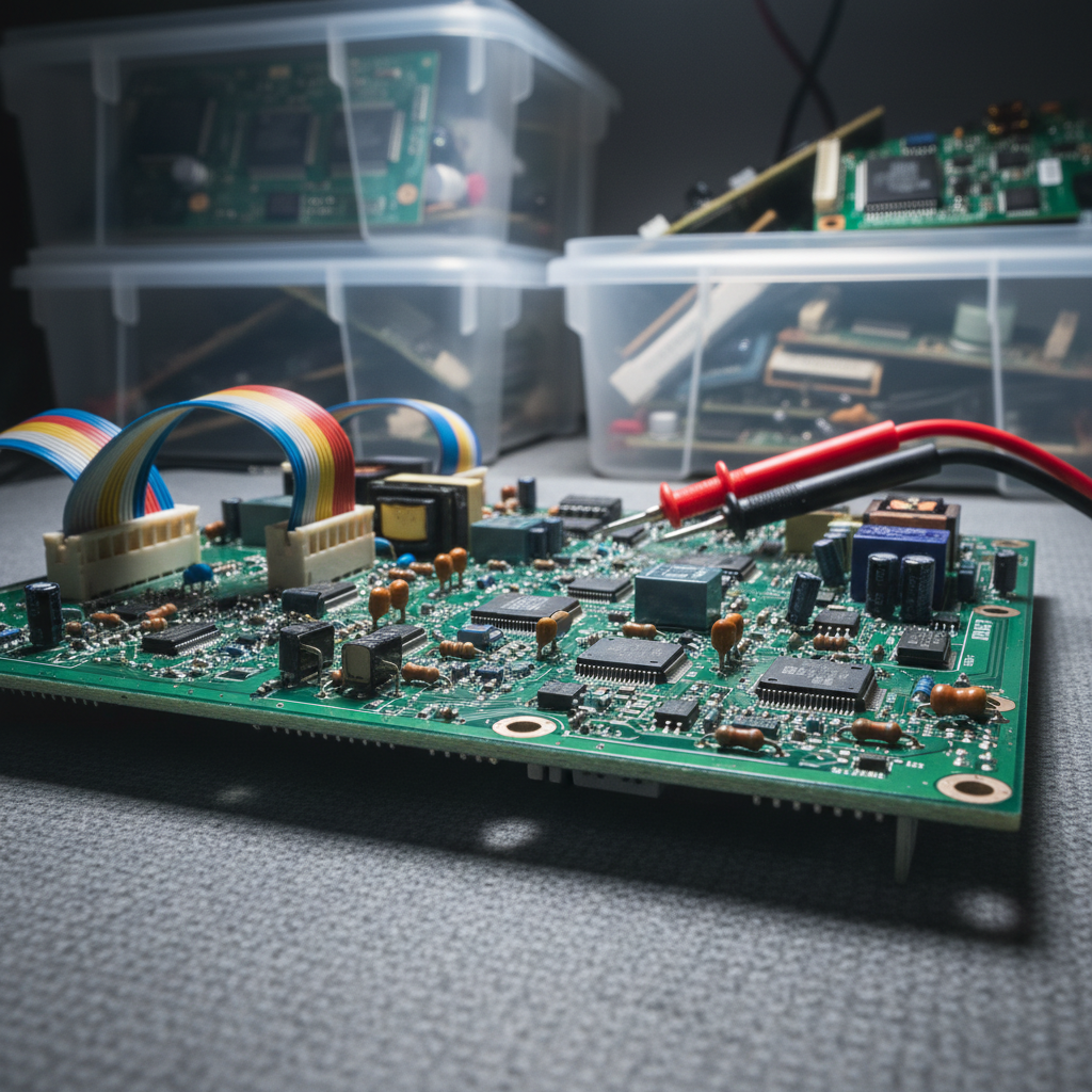 A detailed close-up of the internal circuitry of a salvaged dishwasher control board mounted on a static-safe mat, with meticulously soldered joints, color-coded ribbon cables, and small diagnostic probes clipped onto test points. In the background, blurred yet recognizable, stand transparent plastic containers filled with reclaimed circuit boards sorted by type. Cool, even LED workbench lighting brings out the fine textures of the green PCB, the metallic luster of solder traces, and the colorful bands on resistors, creating crisp, technical clarity. Captured at a low, side angle with selective focus, the board’s components appear prominent while the background fades into soft bokeh. The mood is precise and investigative, with clean, photographic realism that supports advanced, professional-level lessons on component-level appliance repair and intelligent reuse of electronics.