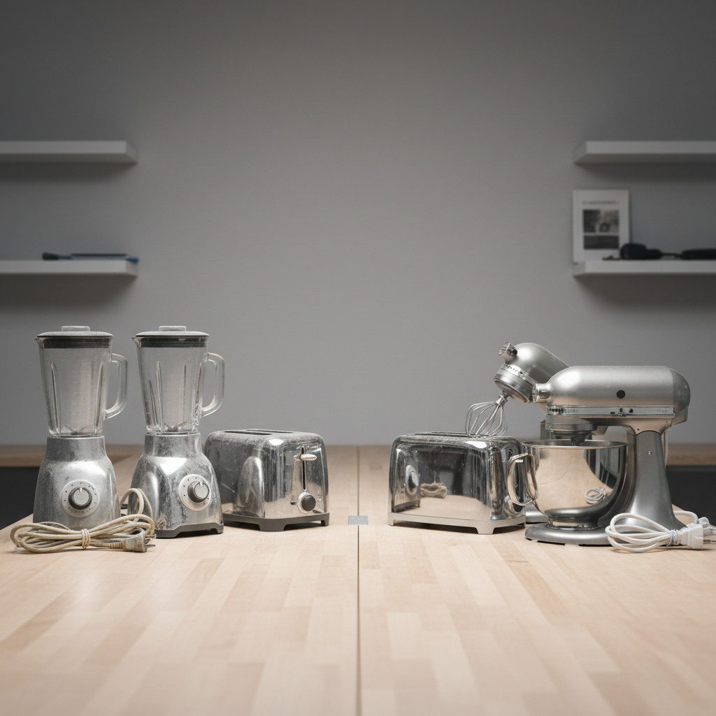 An array of "before and after" small kitchen appliances displayed on a long, light-wood bench in a minimalist lab setting. On the left side, slightly dusty, scratched blenders, toasters, and mixers with missing knobs and frayed cords sit in a rough, unpolished state. On the right, the same models appear fully repaired, cords replaced, casings cleaned and buffed to a subtle sheen, and gleaming stainless-steel elements catching the light. A neutral gray wall backdrop and uncluttered shelves provide context without distraction. Soft studio lighting from both sides creates gentle highlights that accentuate the transformation. Photographed from a slightly elevated, wide-angle perspective, with sharp focus throughout, the image has a professional, documentary feel in photographic realism, underscoring the "trash to treasure" concept at the heart of the repair lab’s educational mission.