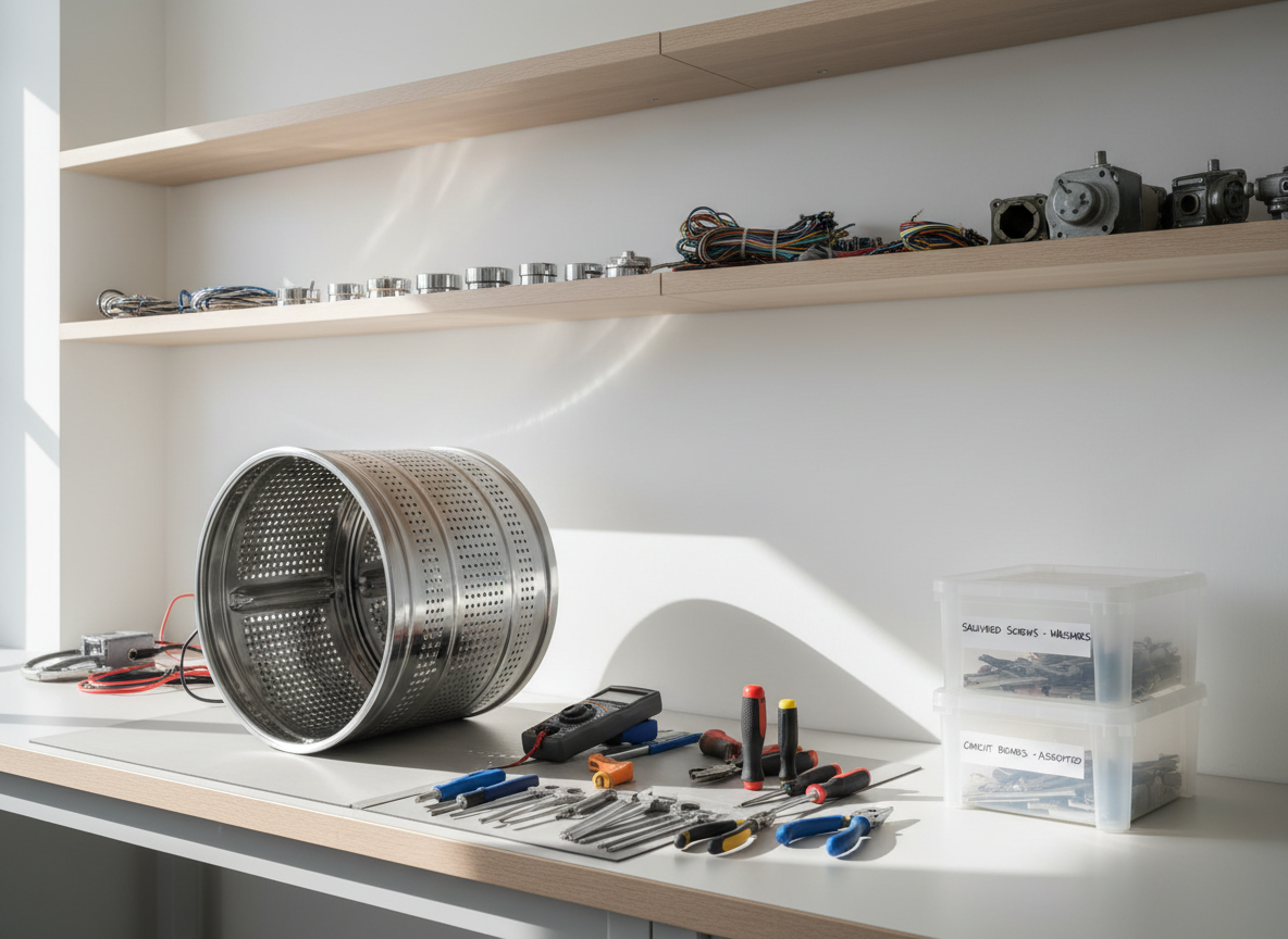 A neatly organized workbench in a bright, modern repair lab, covered with a partially disassembled stainless-steel washing machine drum, neatly arranged tools, and labeled containers of salvaged screws and circuit boards. The bench stands against a clean white wall with simple shelving holding carefully sorted appliance parts, from shiny chrome knobs to color-coded wiring harnesses. Soft, diffused daylight from an unseen window creates gentle reflections on the metal surfaces and casts subtle shadows, giving a calm, methodical atmosphere. Photographed at eye level with sharp focus throughout, the composition uses the rule of thirds to highlight both the repair-in-progress and the tidy environment, creating a professional, photographic realism that feels precise yet welcoming, perfectly suited to an educational appliance repair site.