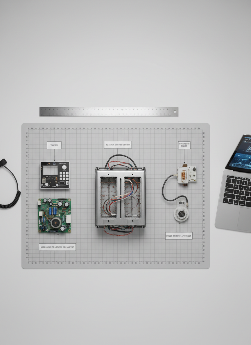 A top-down view of a carefully laid-out appliance repair learning station, featuring a disassembled toaster, microwave control panel, and refrigerator thermostat arranged on a light gray mat printed with subtle grid lines and measurement markings. Each component is grouped with small white labels and arrows, like a visual lesson in progress. Around the mat sit a calibration ruler, anti-static wrist strap, and a slim laptop showing faintly visible schematics on its screen. Soft, diffused overhead lighting eliminates harsh shadows, giving a clear, instructional feel. The composition is symmetrical and tidy, emphasizing order and comprehension. The photographic style is clean and realistic, with muted, professional colors. The atmosphere is calm and analytical, ideal for conveying step-by-step educational content about turning discarded appliances into well-understood, repairable devices.